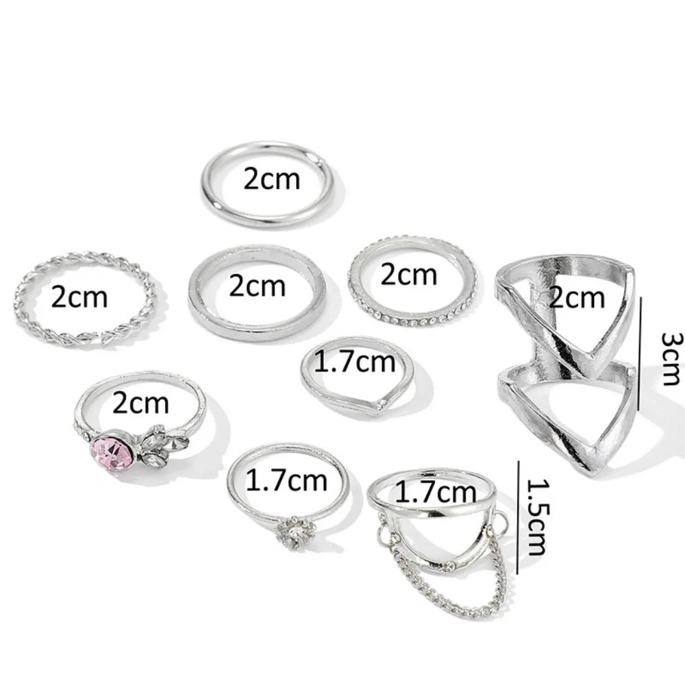 *CONSTANCE* 9-Pc Silver Chain Fashion Ring Set